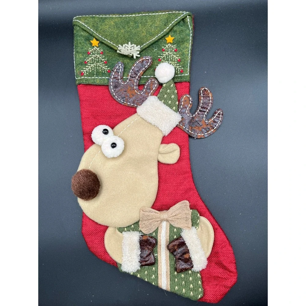 Reindeer Christmas Stocking‎ Holiday Decoration Festive Red Green 18